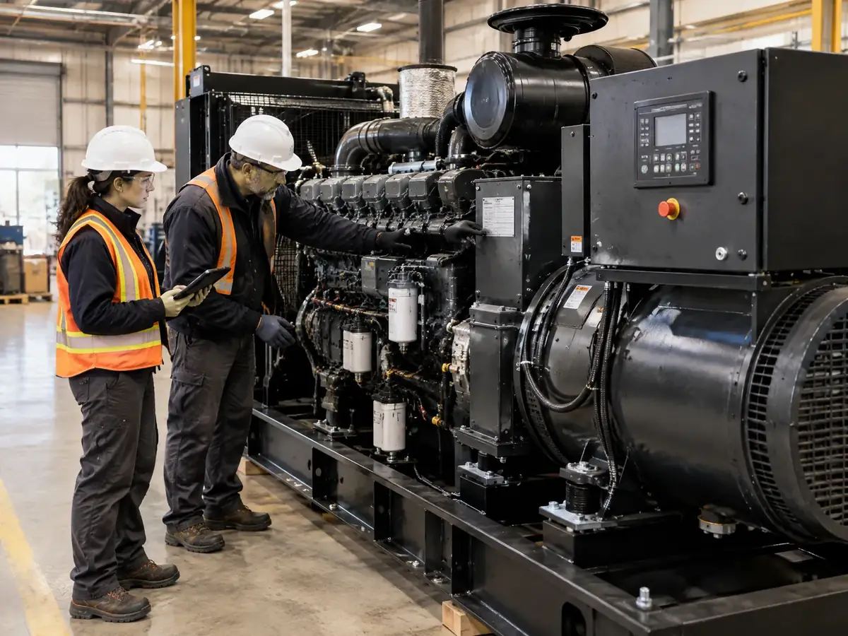 Industrial technicians inspecting a commercial generator